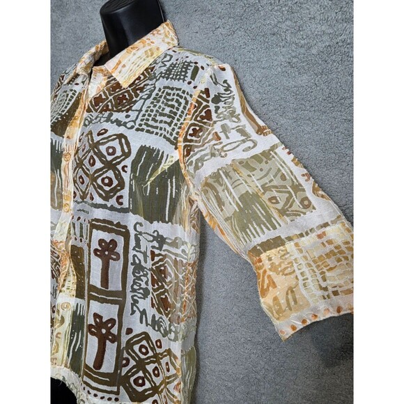 Womens Sheer Mesh Gauze Top See Through Blouse M/L White Yellow Brown Aztec - Picture 3 of 8